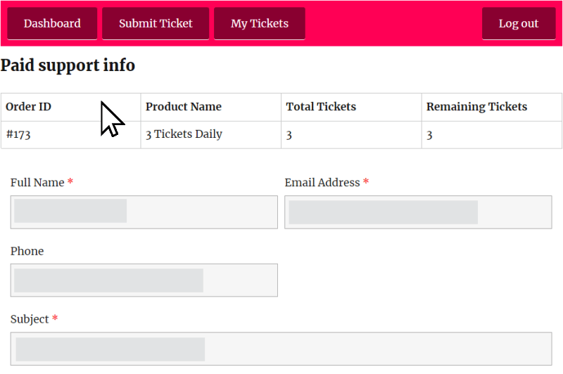 submit ticket info